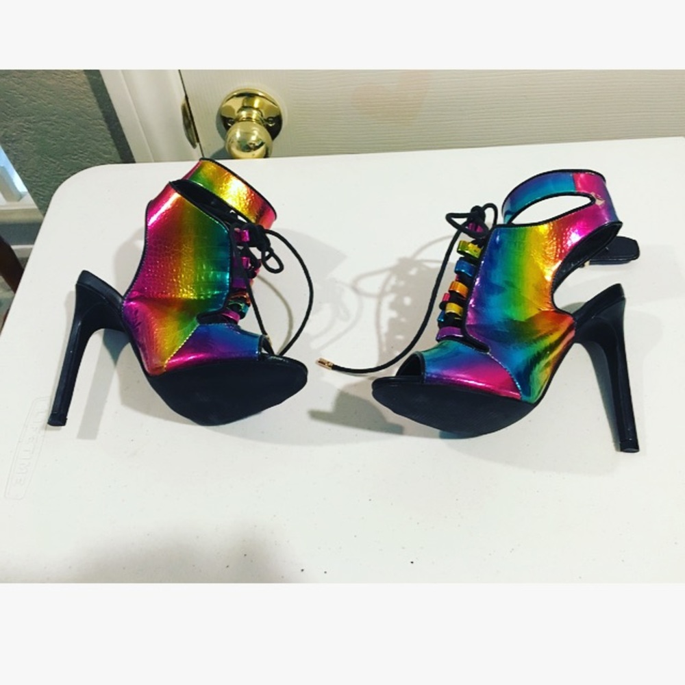 Privileged Neon Rainbow Metallic  Lace -Up Heels 6 - Picture 2 of 8
